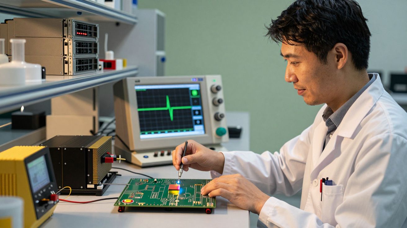 Técnico num laboratório testa um circuito impresso com um osciloscópio ao fundo.