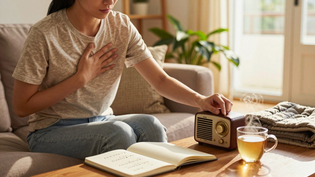 Mulher ajusta rádio antigo, com chá e caderno aberto sobre a mesa, ao lado de uma manta numa sala iluminada.