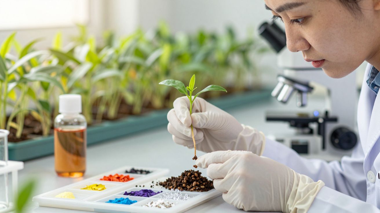 Investigadora de luvas examina planta em laboratório com várias amostras de solo e microscópio ao fundo.