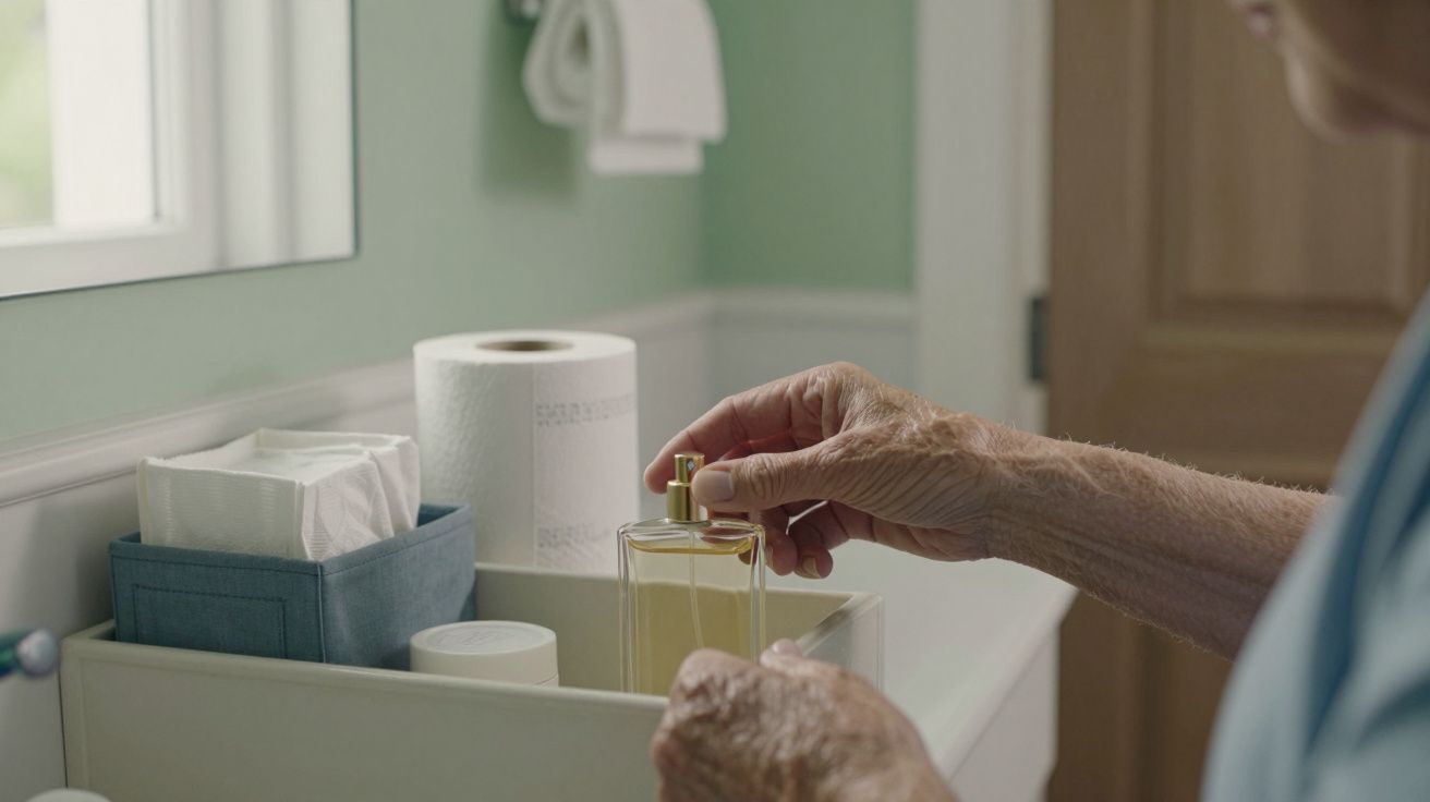 Mãos de uma pessoa idosa segurando frasco de perfume numa casa de banho, junto a rolo de papel e caixa de lenços.
