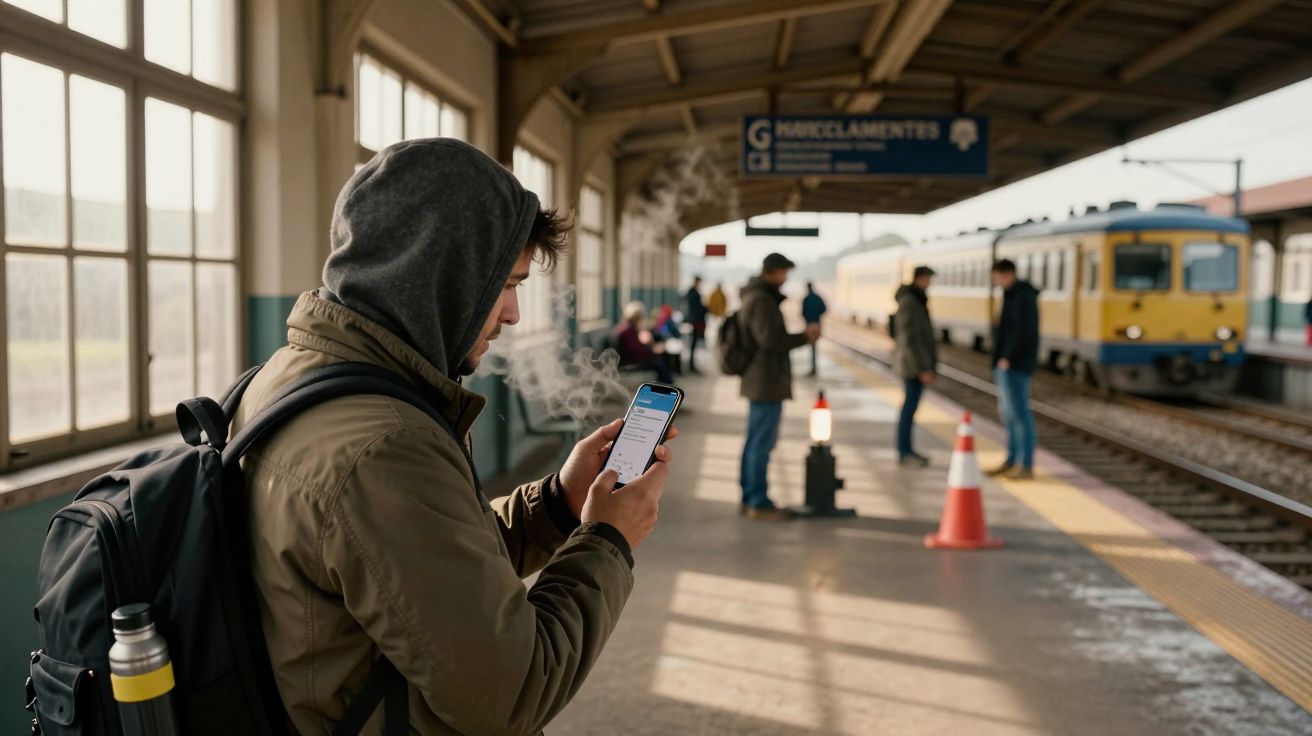 Homem com capuz e mochila olha para o telemóvel numa estação de comboios, com várias pessoas e um comboio amarelo ao fundo.