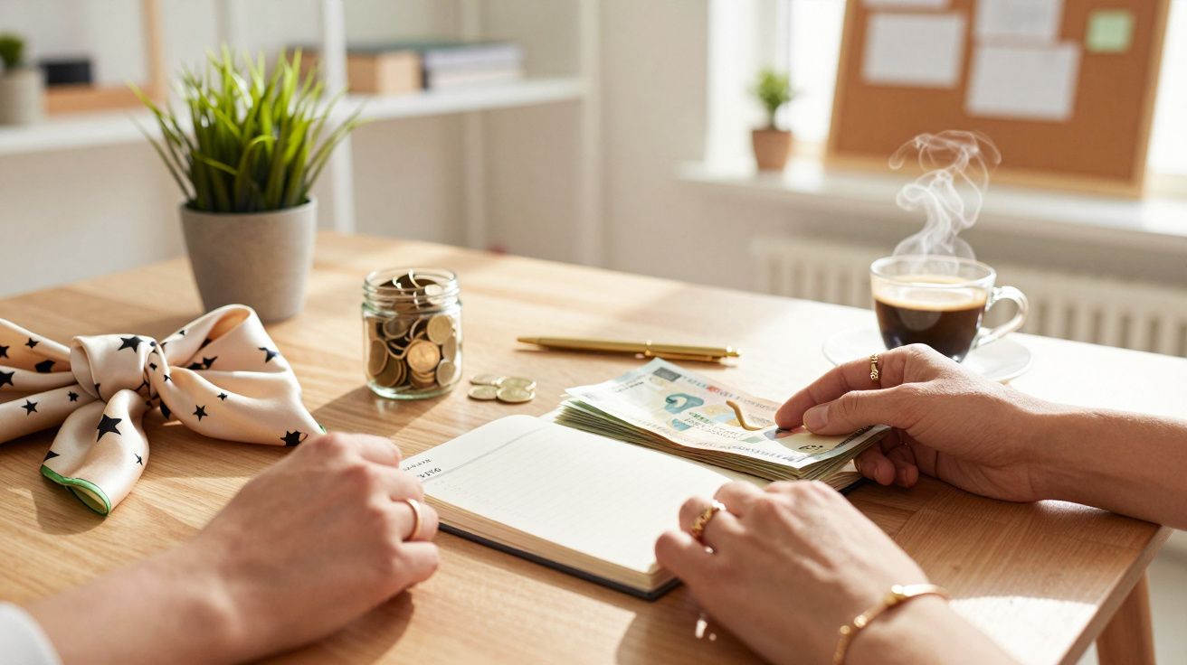Duas pessoas em mesa com bloco de notas, dinheiro, jarro com moedas e café, num ambiente de escritório iluminado.