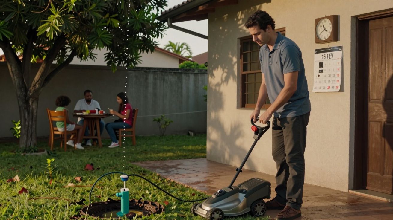 Homem a cortar relva num jardim, enquanto uma família está sentada à mesa ao fundo. Relógio e calendário na parede.