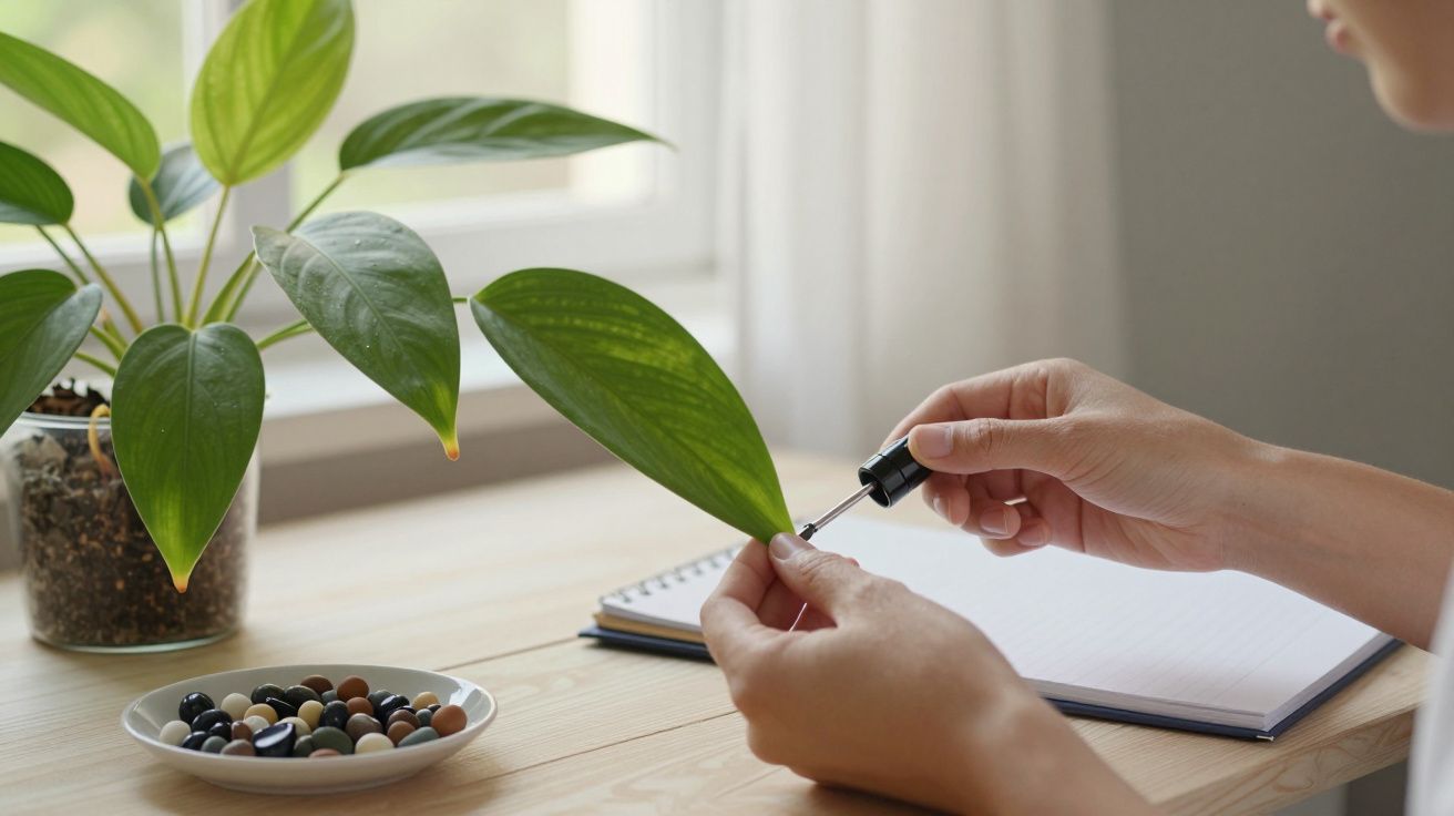 Mão segurando uma folha verde com conta-gotas, ao lado de caderno e prato de pedras coloridas sobre mesa de madeira.