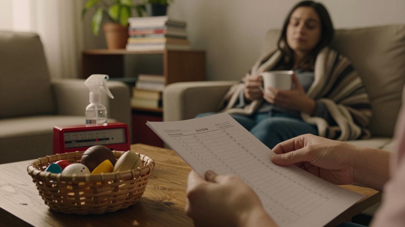 Duas pessoas numa sala, uma lê um papel com planos, enquanto a outra segura uma caneca. Mesa com cesto e spray.