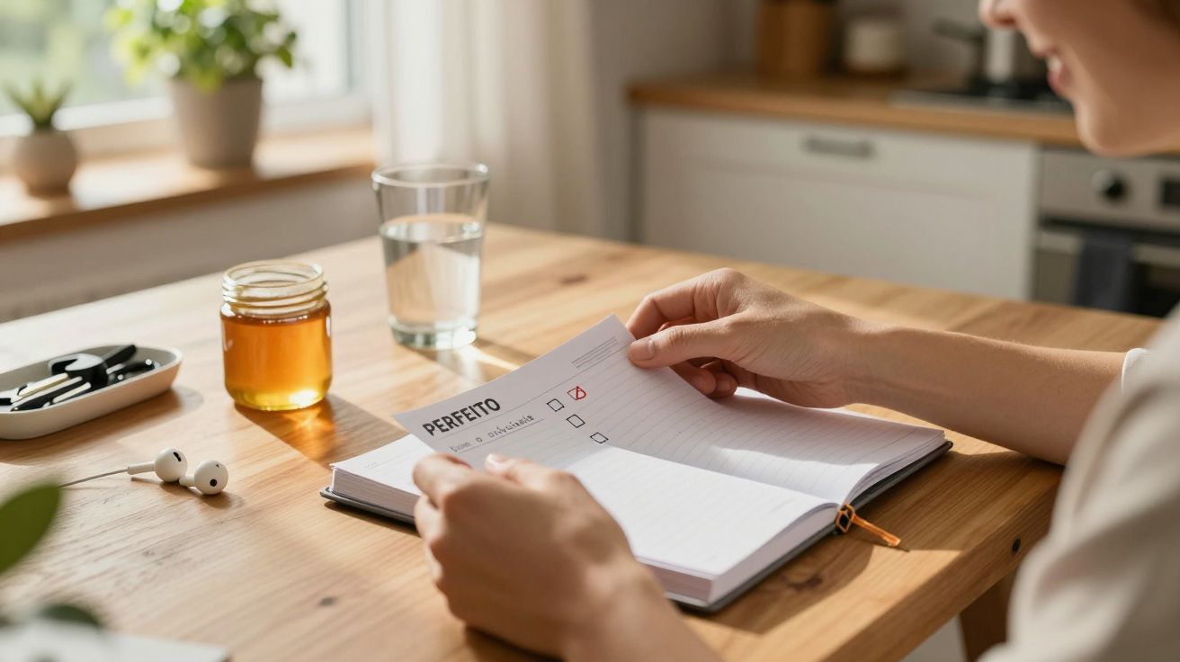 Pessoa a verificar lista de tarefas num caderno, sobre mesa com copo, mel e auriculares.