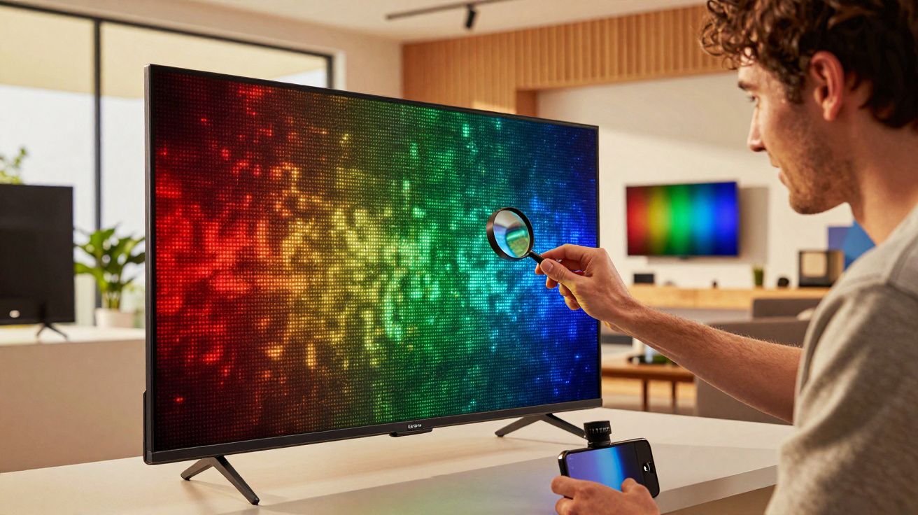 Homem observa ecrã de televisão com lente de aumento num escritório, mostrando um padrão de cores vibrantes.