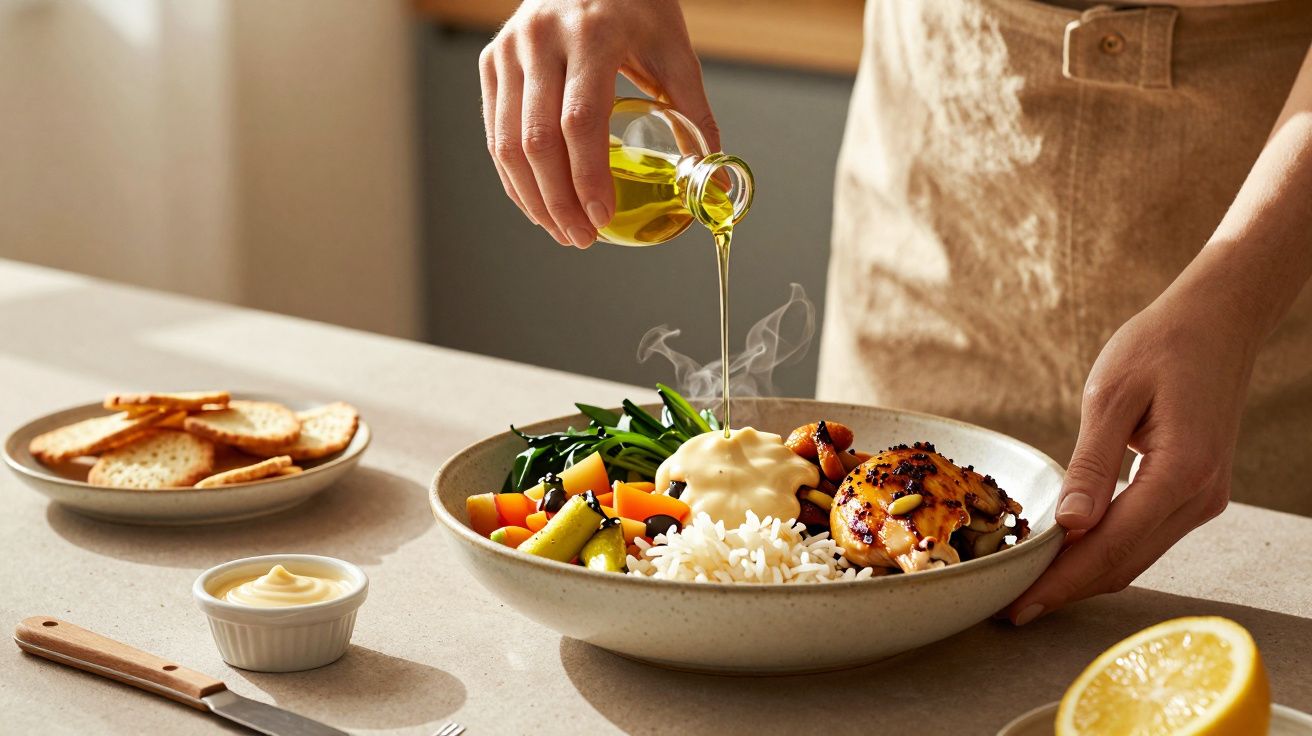 Pessoa a servir azeite sobre prato com frango, arroz e legumes no balcão da cozinha.