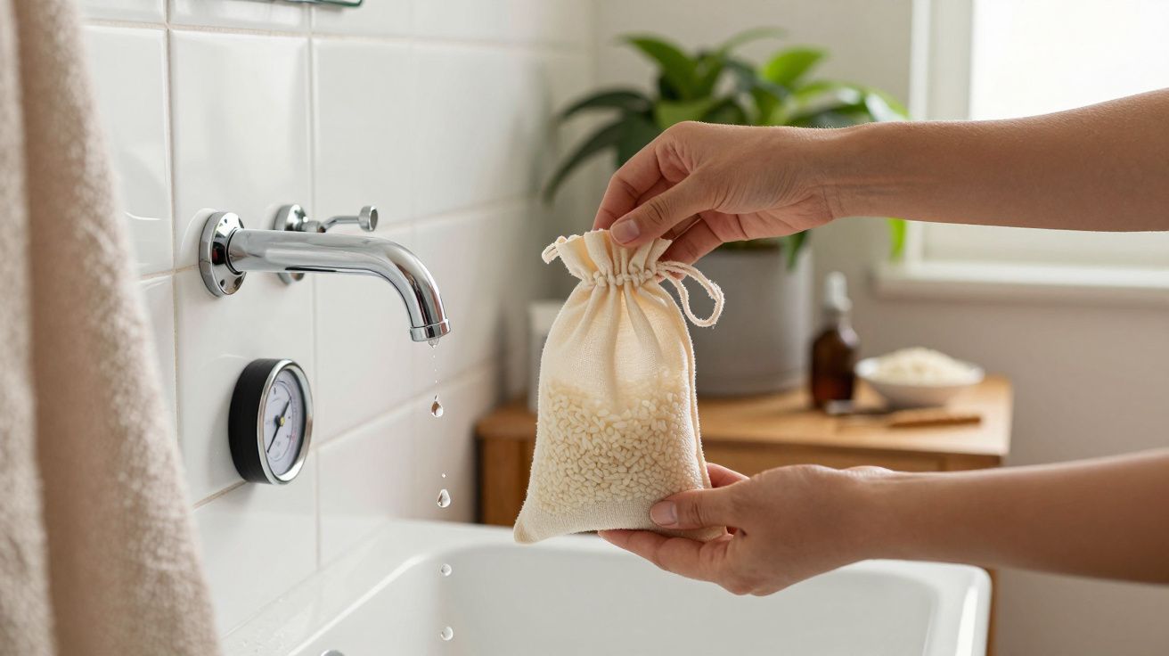 Mãos segurando saco de tecido com pérolas brancas junto a lavatório em casa de banho minimalista com planta ao fundo.