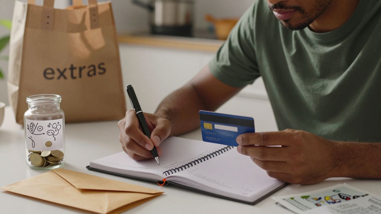 Homem escreve num caderno enquanto segura um cartão de crédito, com um envelope e um frasco de moedas na mesa.