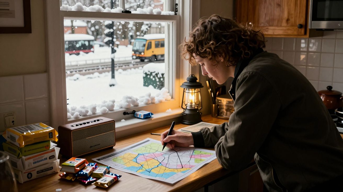 Pessoa a desenhar num mapa junto à janela com neve lá fora, rodeada de chocolate, uma lanterna e um rádio.