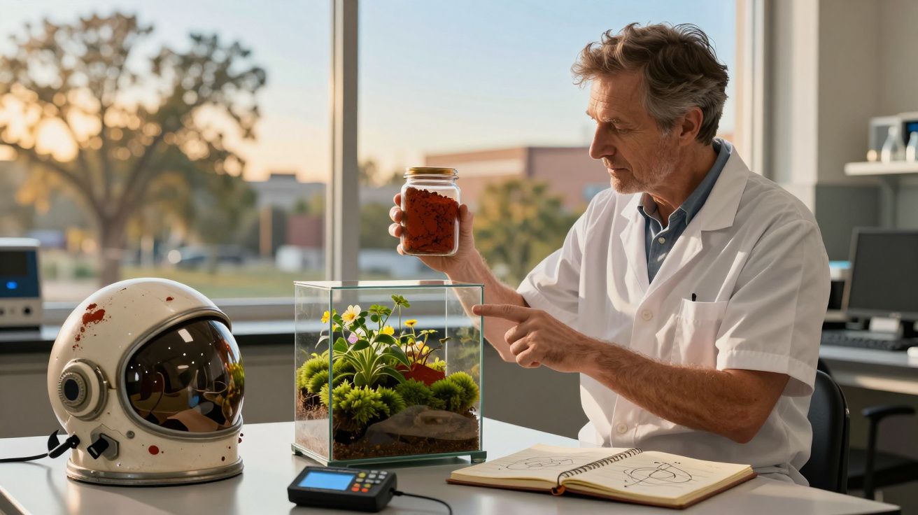 Cientista analisa terra em frasco ao lado de um capacete espacial e vaso com plantas num laboratório iluminado.