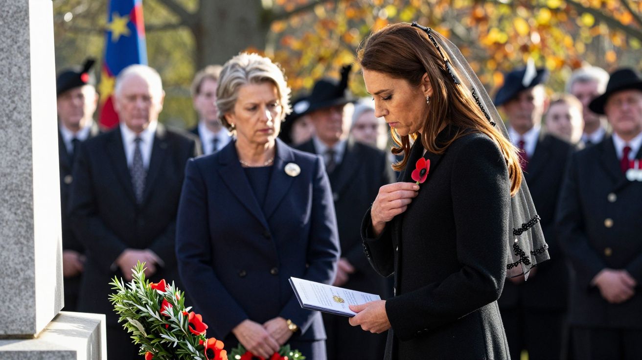 Mulher em traje formal presta homenagem em cerimónia, segurando programa e usando papoila vermelha no casaco.