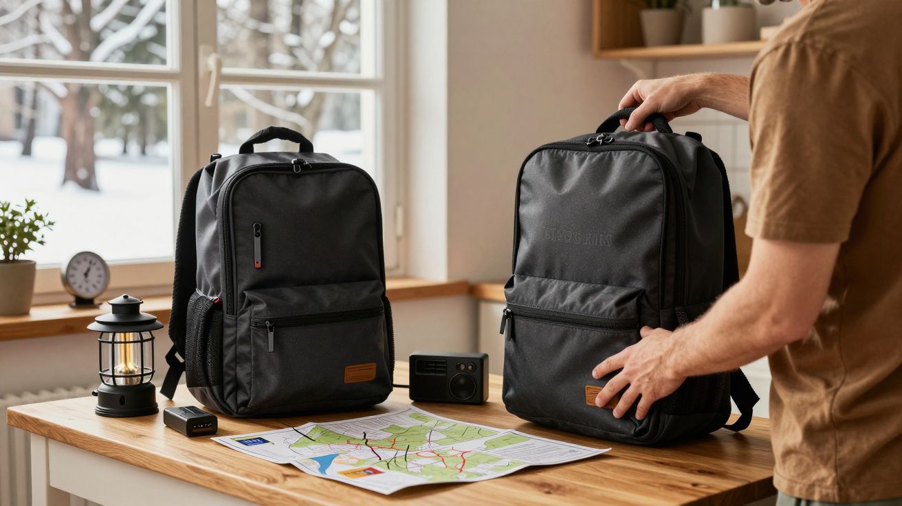 Duas mochilas pretas em mesa de madeira com mapa, lanterna e rádio, vista de janela com neve ao fundo.