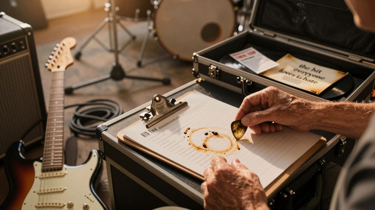Mãos de pessoa mais velha segurando palheta sobre pauta musical, numa sala com guitarra elétrica e amplificador.