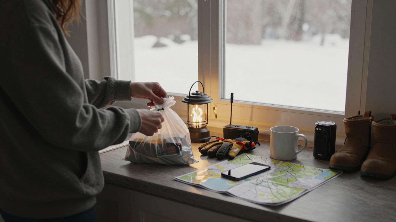 Pessoa a preparar uma mochila numa bancada com mapa, lanternas, rádio, luvas, chávena e botas, com janela de fundo nevado.