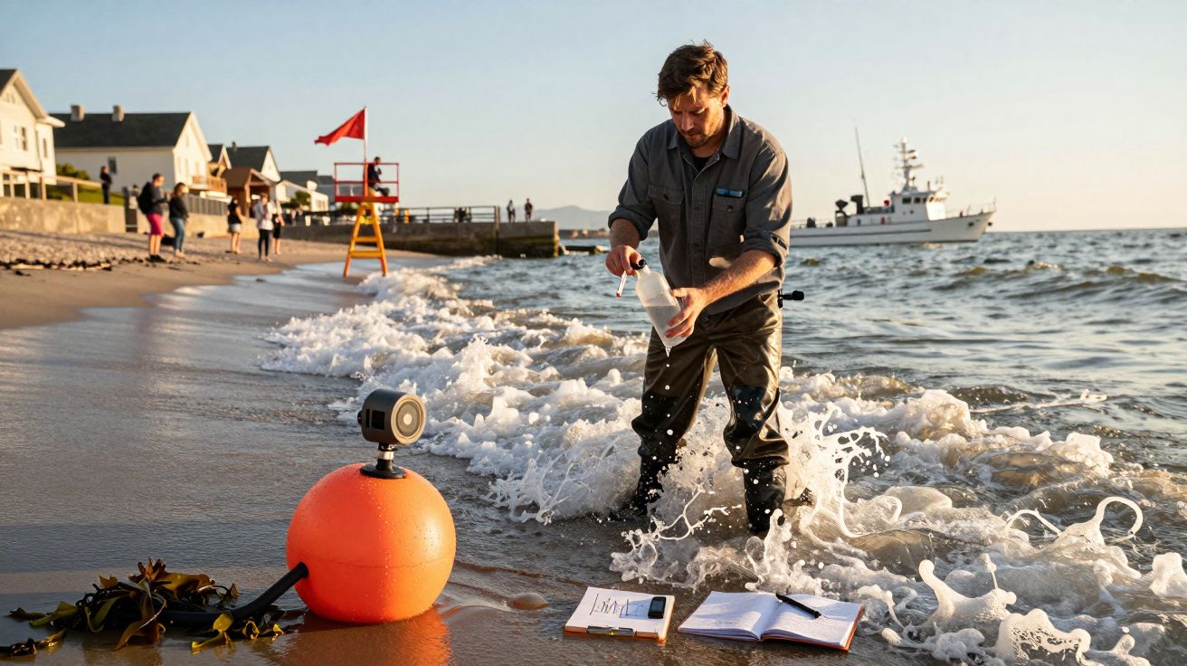 Homem recolhe amostra de água na praia ao pôr do sol, com bóia e livro numa paisagem de casas e barcos.