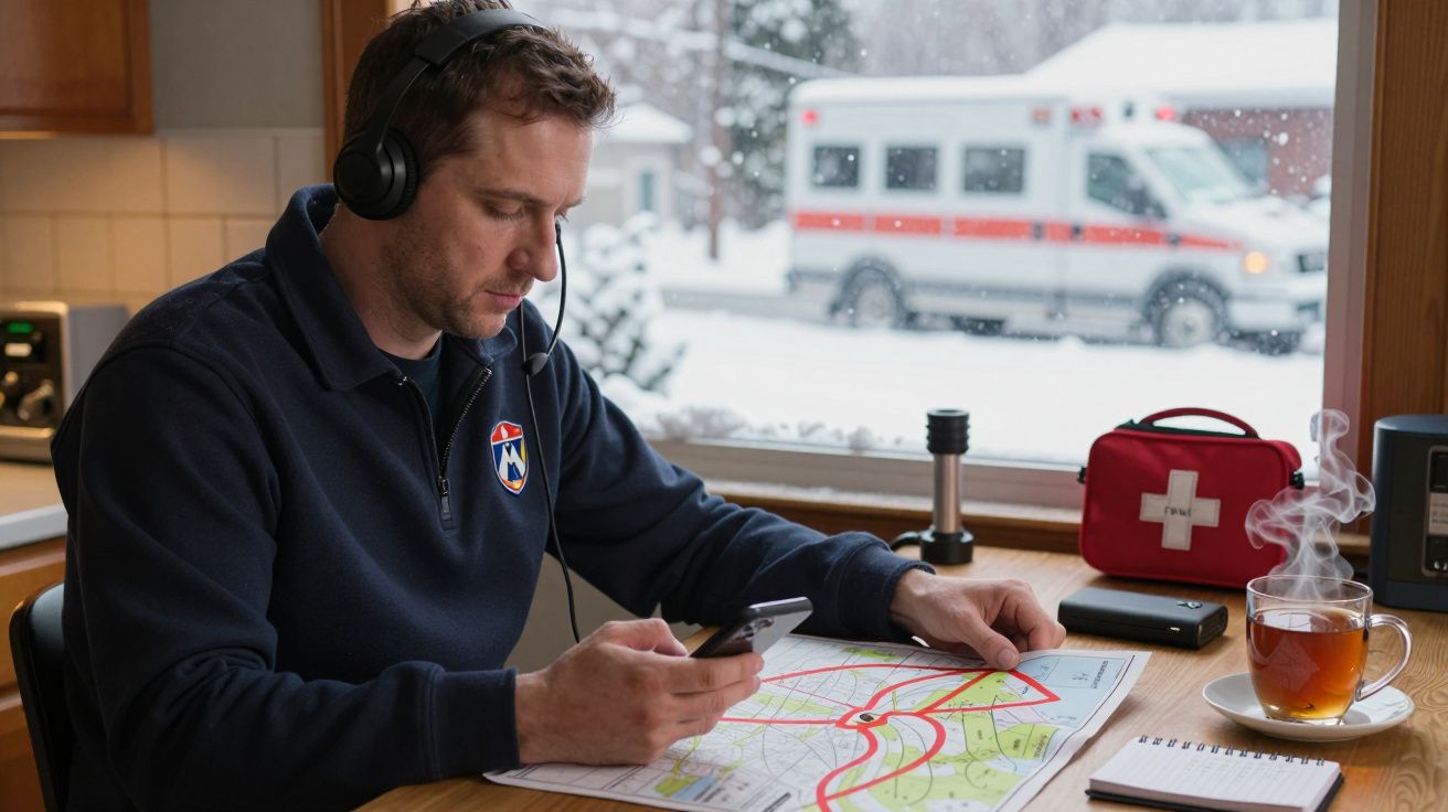 Homem de auscultadores consulta mapa numa mesa, com chá, lanterna e kit de primeiros socorros; ambulância lá fora.