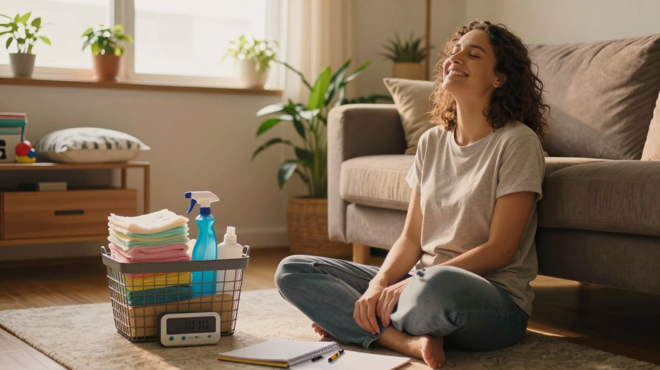 Mulher sorridente sentada no chão junto a cesto com produtos de limpeza, num ambiente acolhedor de sala de estar.