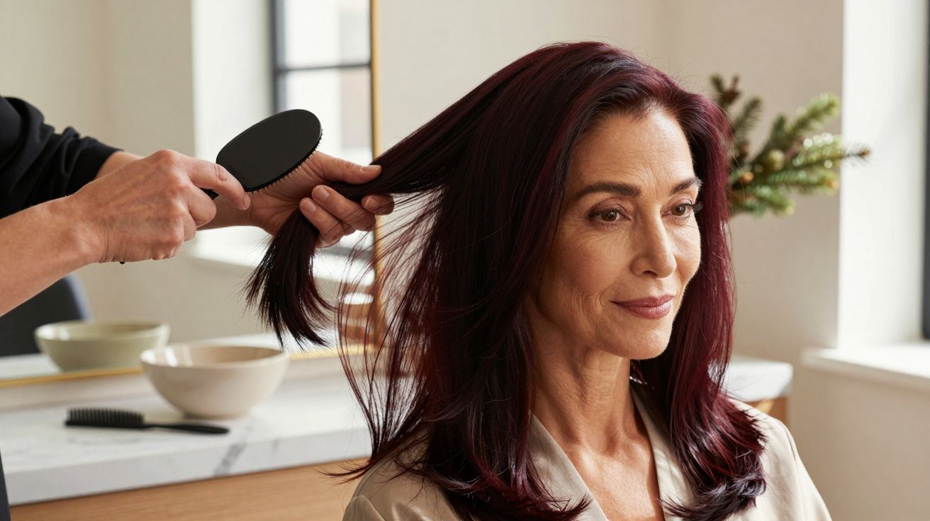 Mulher com cabelo castanho-avermelhado a ser penteado num salão de beleza.