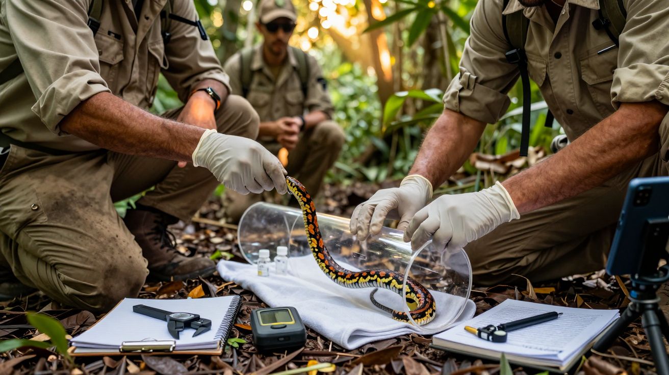 Cientistas de luvas analisam cobra colorida na floresta, rodeados por equipamentos e cadernos.
