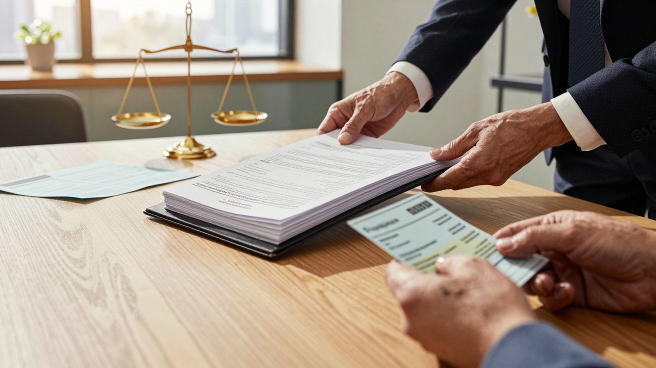 Duas pessoas a analisar documentos num escritório, com uma balança dourada em segundo plano.