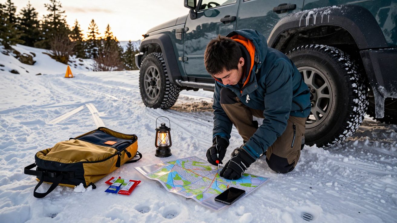 Homem com mapa e lanterna na neve ao lado de jipe, mochila e telefones.