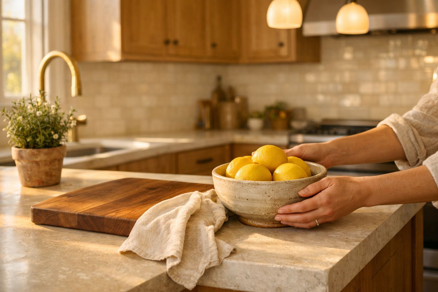 Mãos colocando uma tigela com limões numa bancada de cozinha ensolarada, ao lado de tábua e pano.
