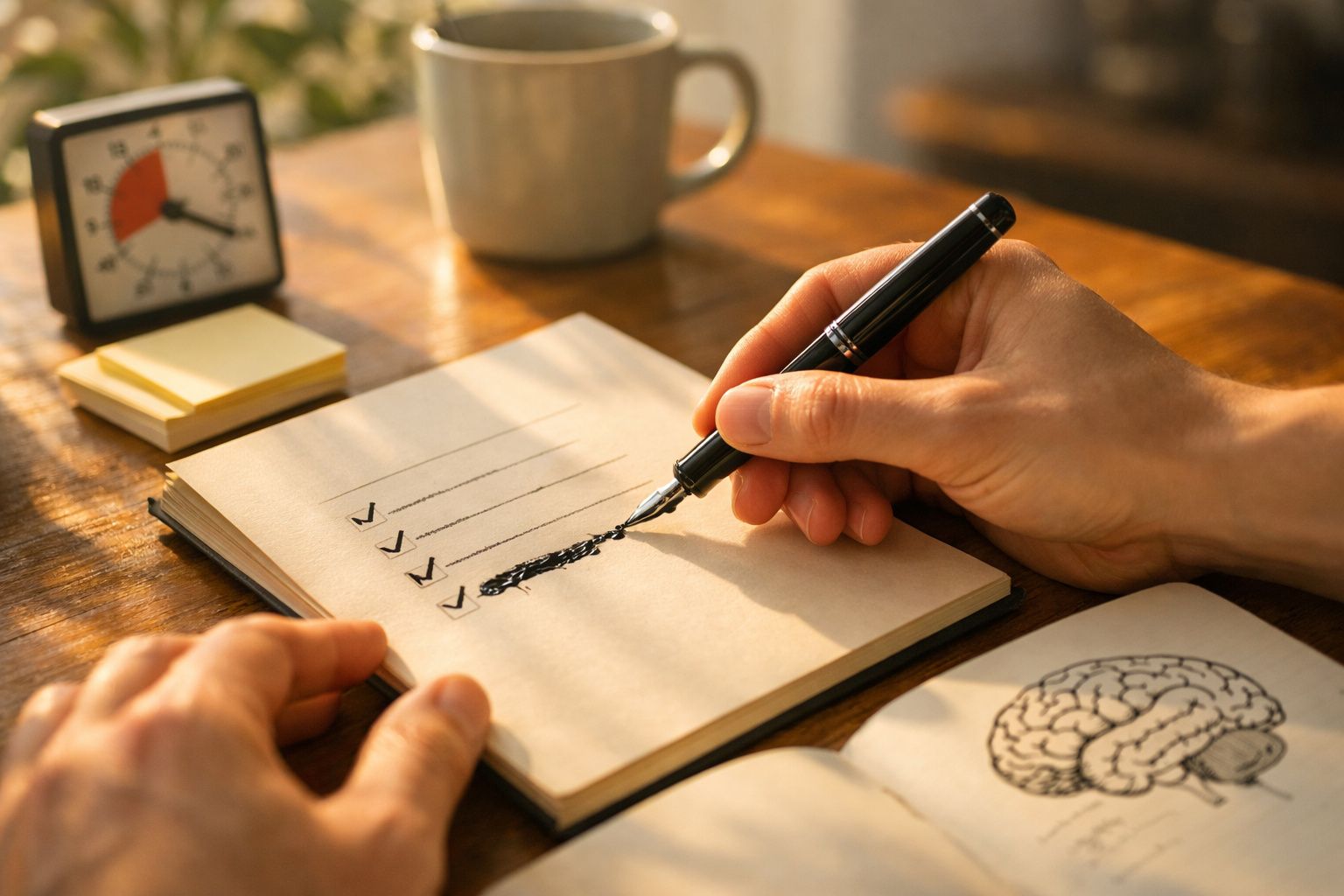 Pessoa risca tarefa concluída em lista num caderno, com xícara, relógio e post-its ao fundo, iluminada por luz solar.
