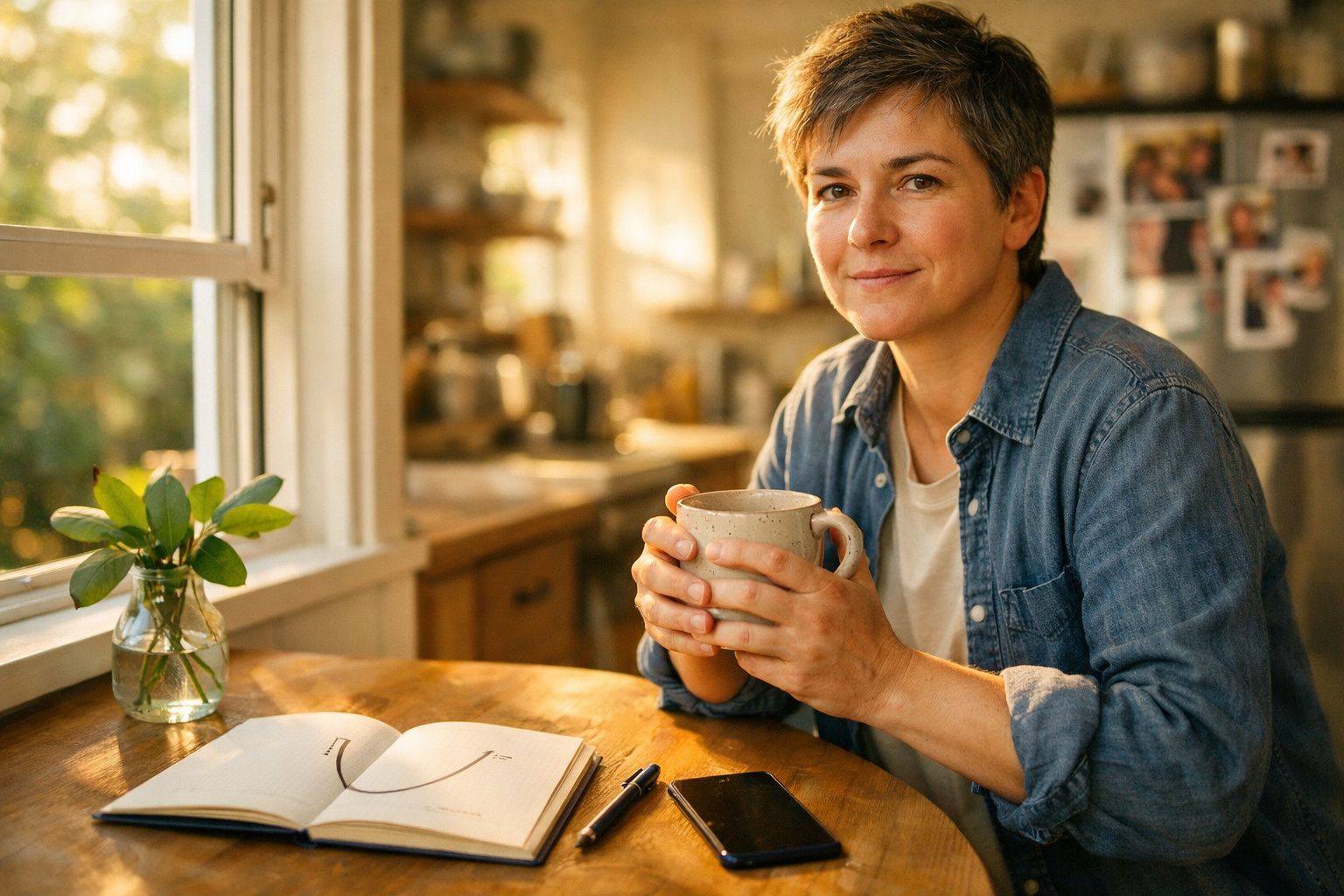 Mulher sorridente com caneca na mão, sentada à mesa com caderno, telemóvel e folha perto da janela iluminada.