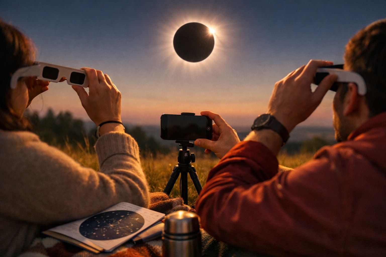 Pessoas observam eclipse solar com óculos de proteção e fotografam com smartphone montado num tripé.