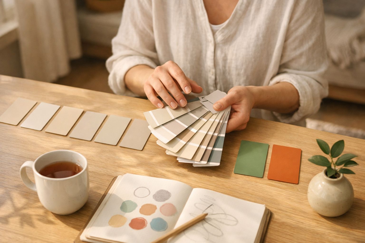 Pessoa segurando amostras de cores em leque sobre a mesa com chá, planta e caderno de esboços.