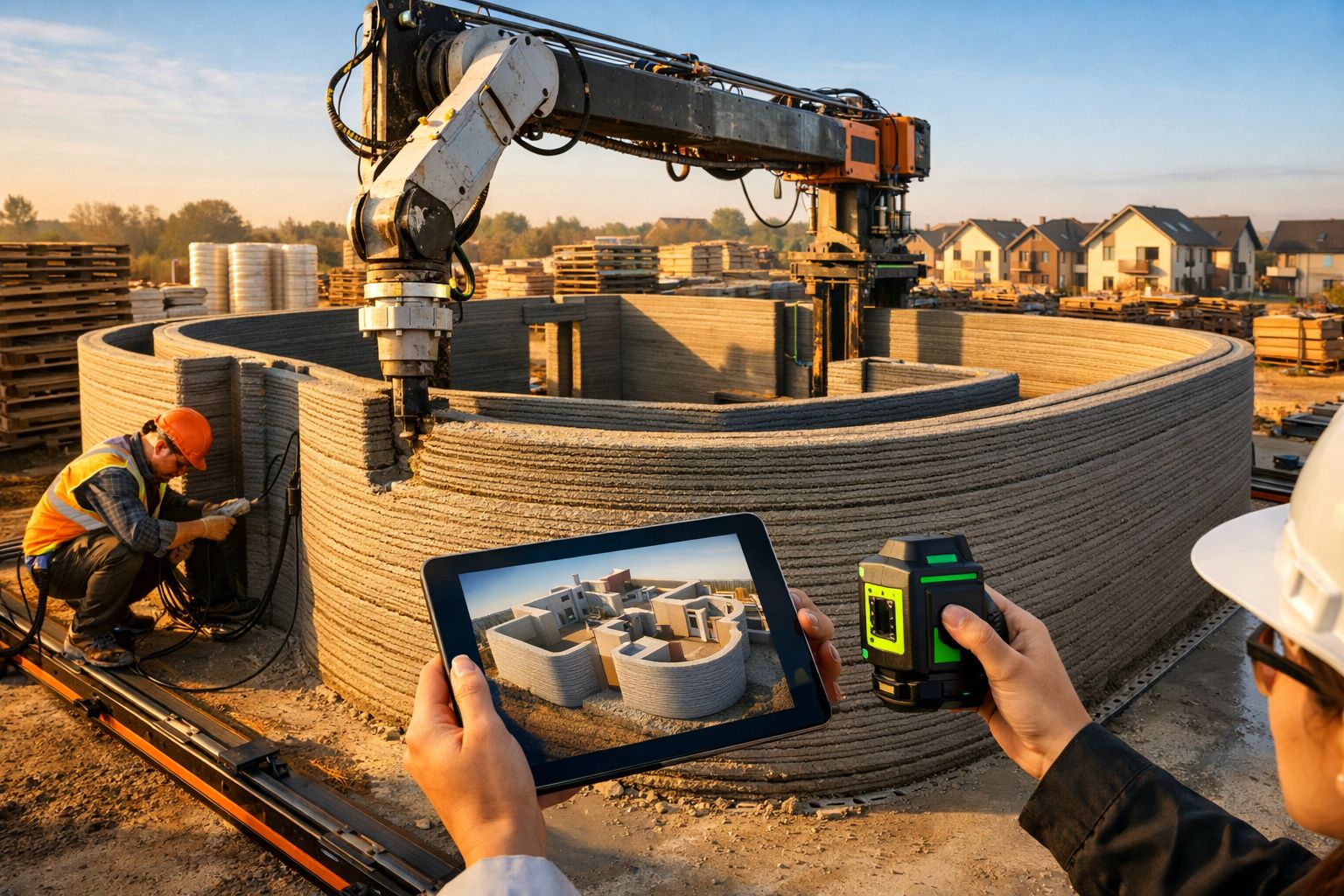 Impressora 3D constrói casa com supervisão de trabalhadores usando tablet e medidor a laser em estaleiro ao ar livre.