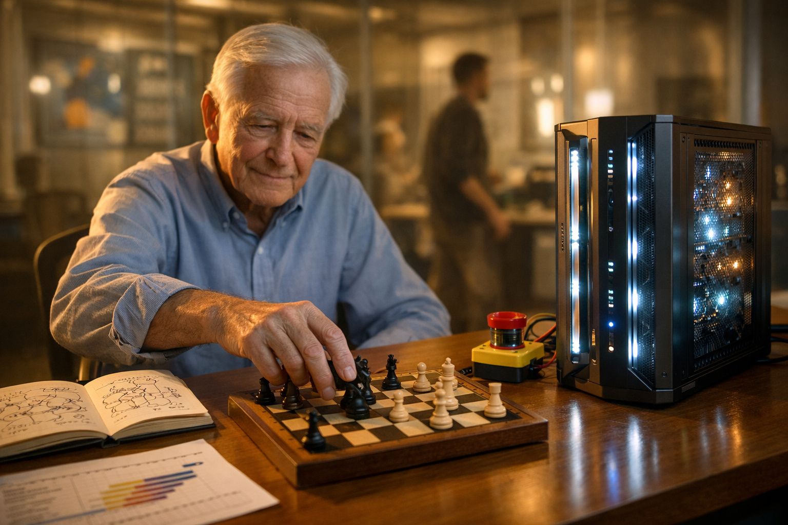 Homem idoso joga xadrez sozinho numa mesa de madeira ao lado de um computador aberto e caderno com anotações.