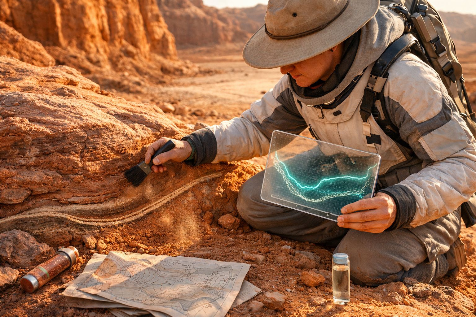 Explorador em deserto analisando formações rochosas com tablet holográfico e escova, mapa e garrafa na areia.