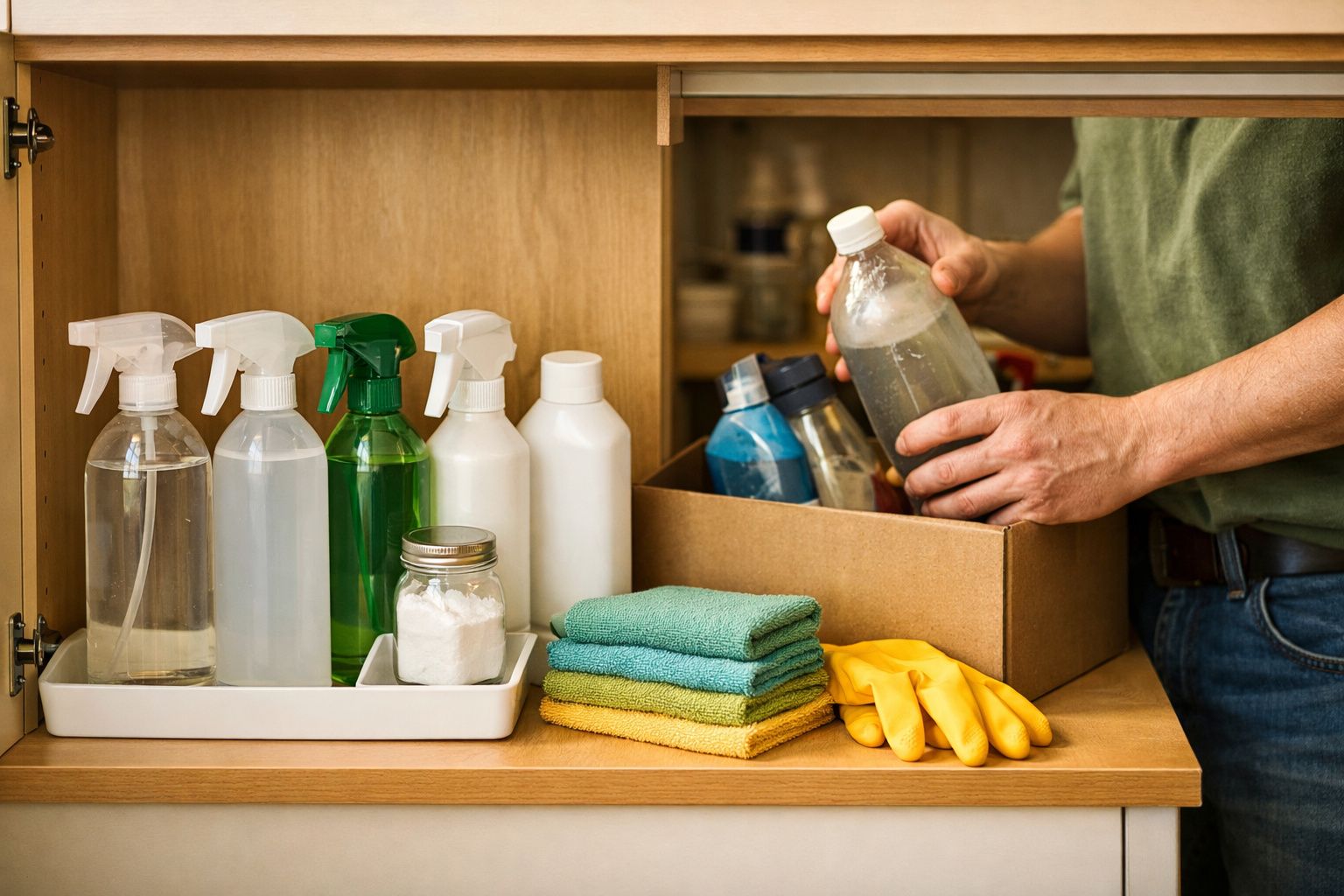 Produtos de limpeza num armário: frascos com spray, panos coloridos e luvas amarelas. Pessoa a arrumar frascos numa caixa.