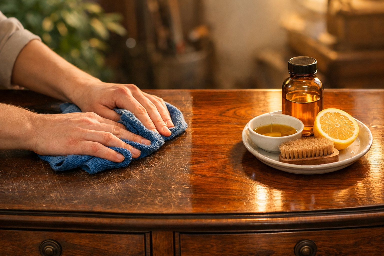 Mãos a limpar mesa de madeira com pano azul, ao lado de tigela com óleo, escova, meia laranja e frasco âmbar.