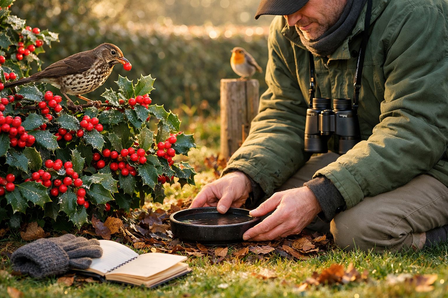 Homem observando aves com binóculos e alimentando passarinhos ao lado de arbusto com bagas vermelhas.