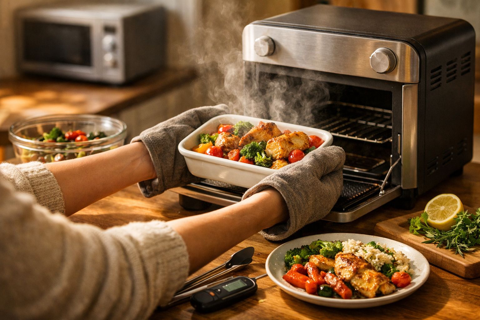 Pessoa retira prato de legumes e frango do forno, com luvas de cozinha, numa bancada de madeira.