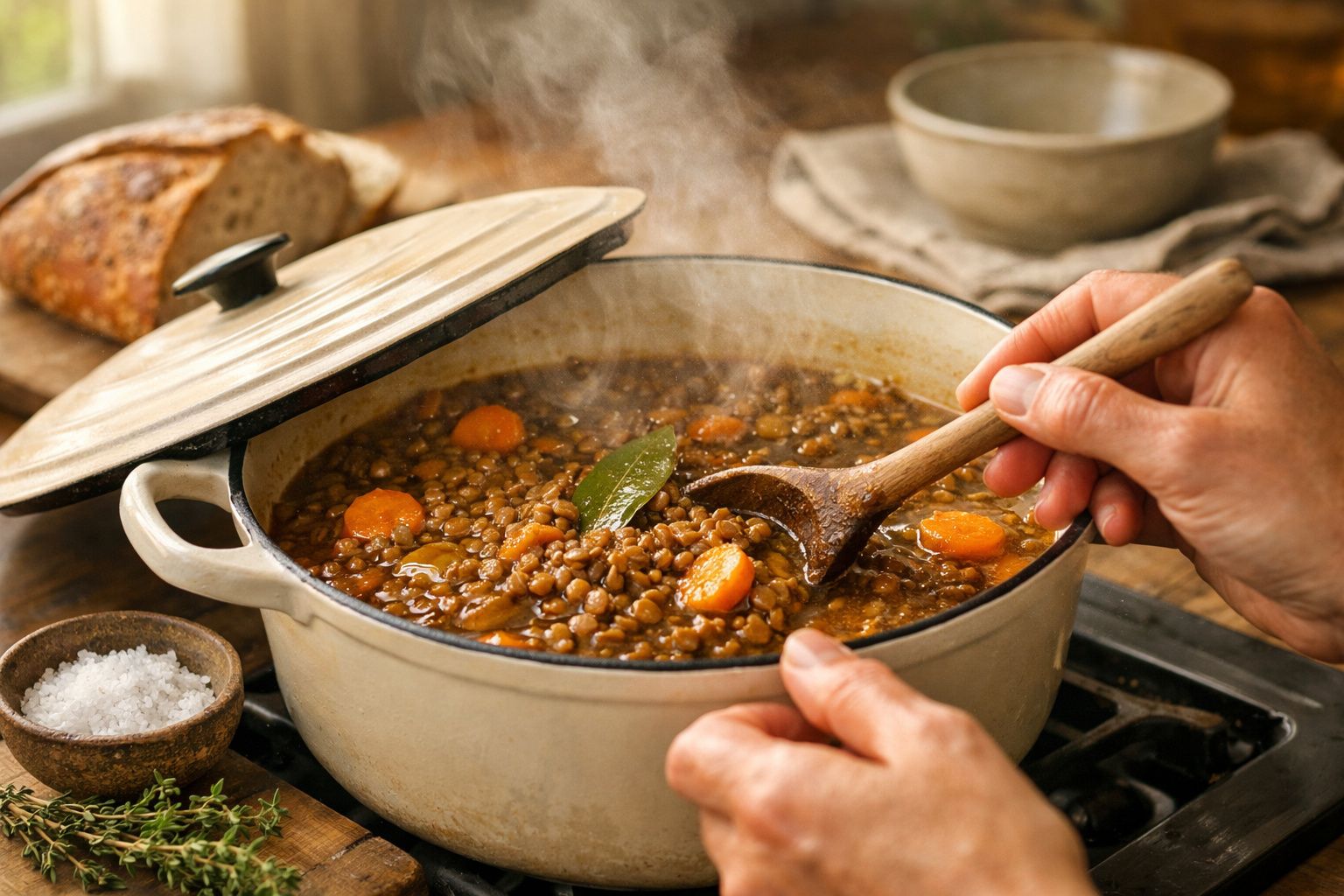 Pessoa a mexer um guisado de lentilhas e cenouras numa panela de ferro, com vapor a subir e pão ao fundo.