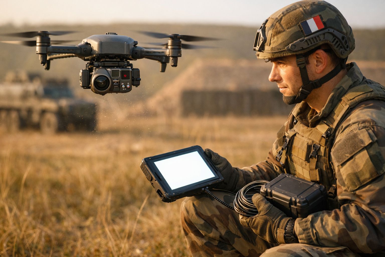 Soldado em uniforme militar opera um drone com um tablet num campo aberto.