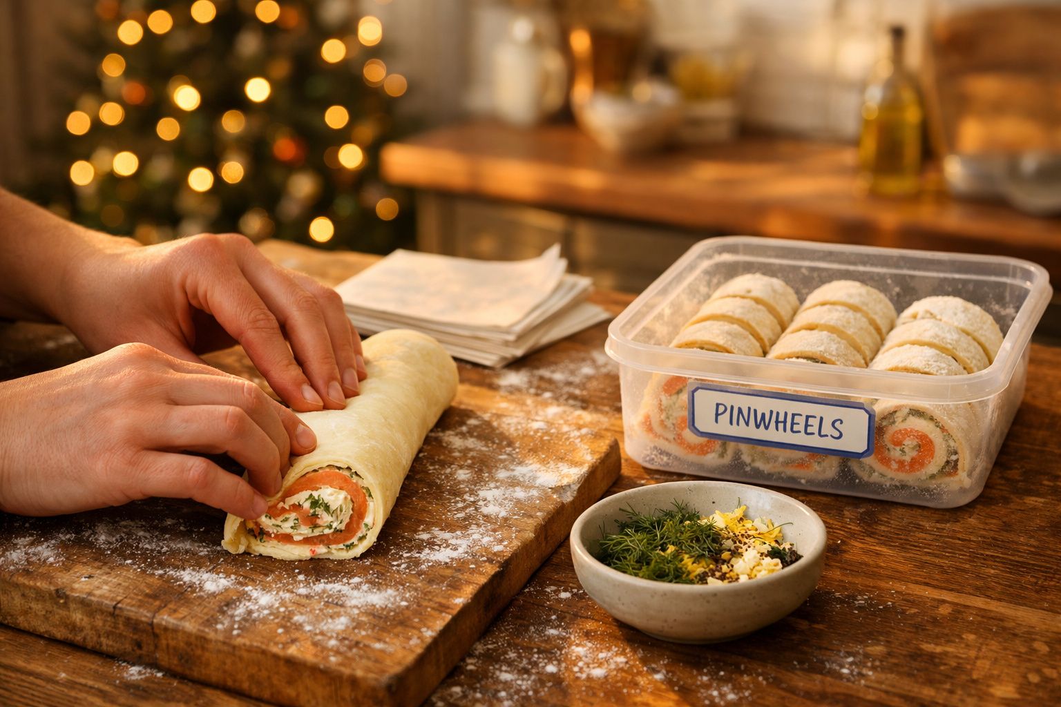 Mãos enrolando massa com recheio de salmão e queijo. Caixa de pinwheels ao lado e tigela com ervas e especiarias.