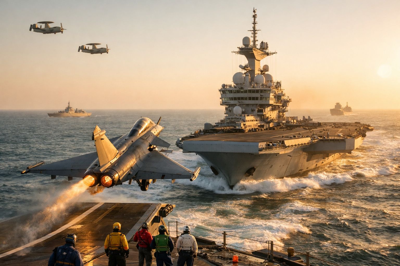 Caça a descolar de porta-aviões no mar, com pessoal a coordenar. Dois navios e um avião no céu ao fundo.