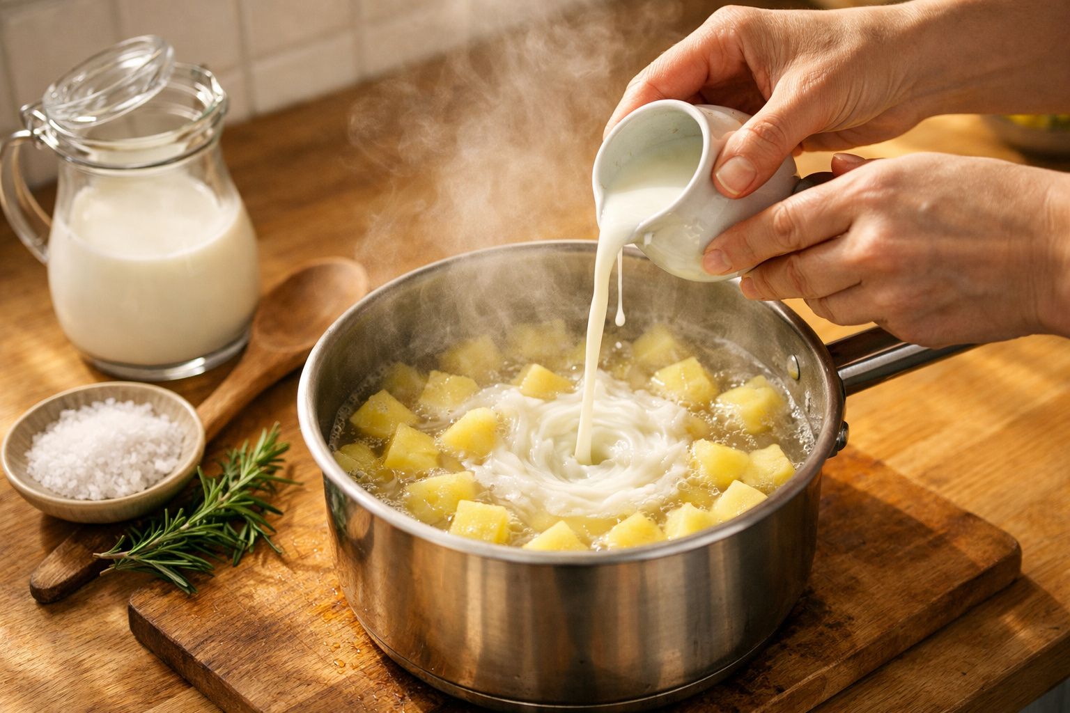 Leite a ser adicionado a batatas em água a ferver numa panela de aço inoxidável, com batatas e sal ao lado.