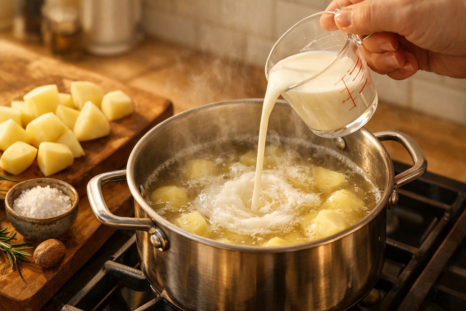 Leite a ser adicionado a uma panela com batatas em água fervente, com sal e batatas cortadas ao fundo.