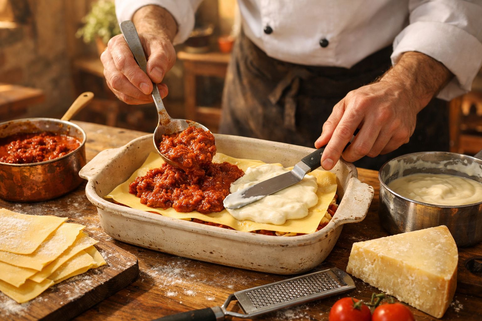 Pessoa a preparar lasanha com molho de carne numa travessa, ao lado de ingredientes e utensílios de cozinha.