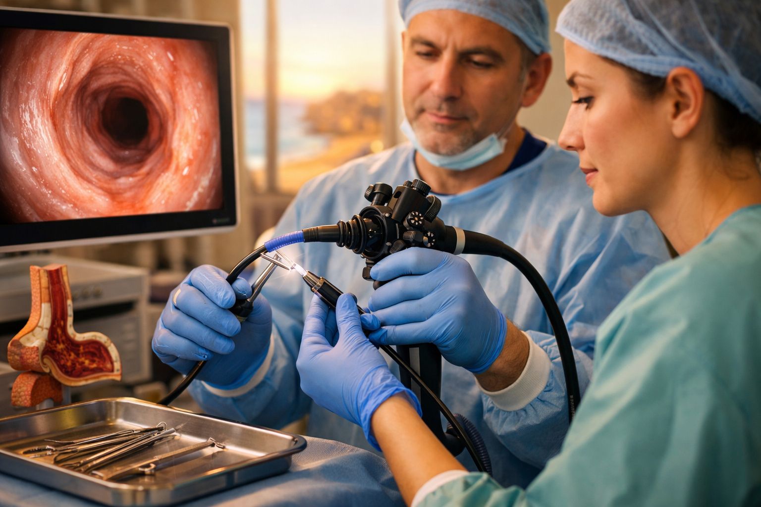 Dois médicos em sala cirúrgica preparam equipamento de endoscopia, monitor mostra imagem de interior do corpo.