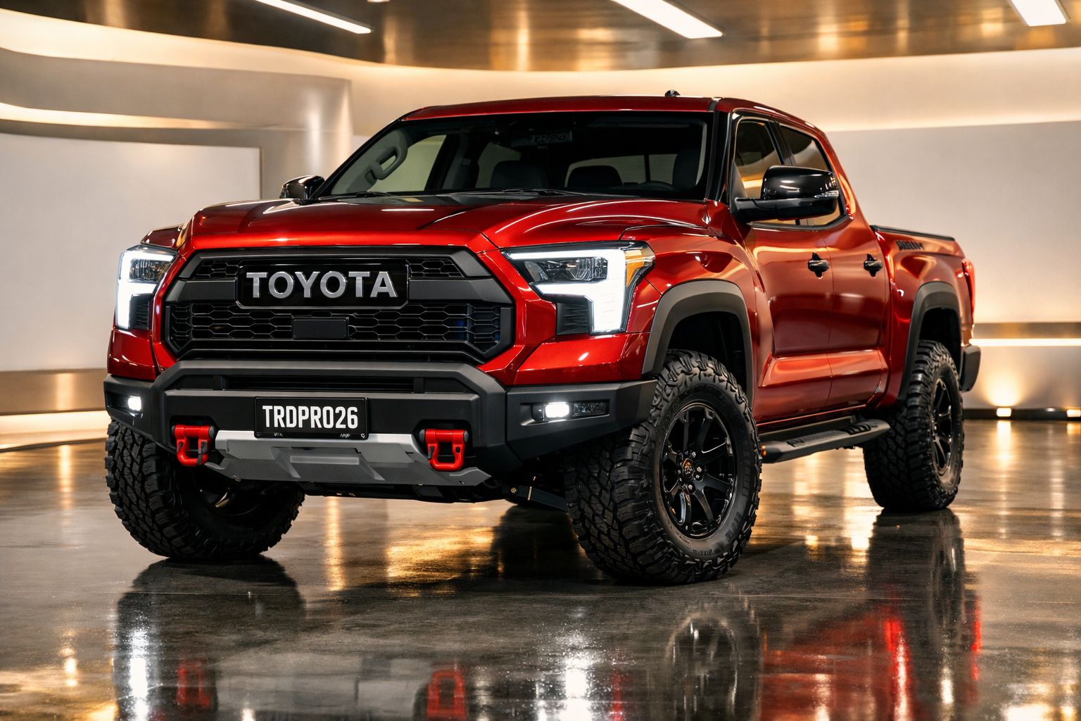 Camião Toyota vermelho, robusto, em exibição num showroom iluminado, design moderno e faróis acesos.