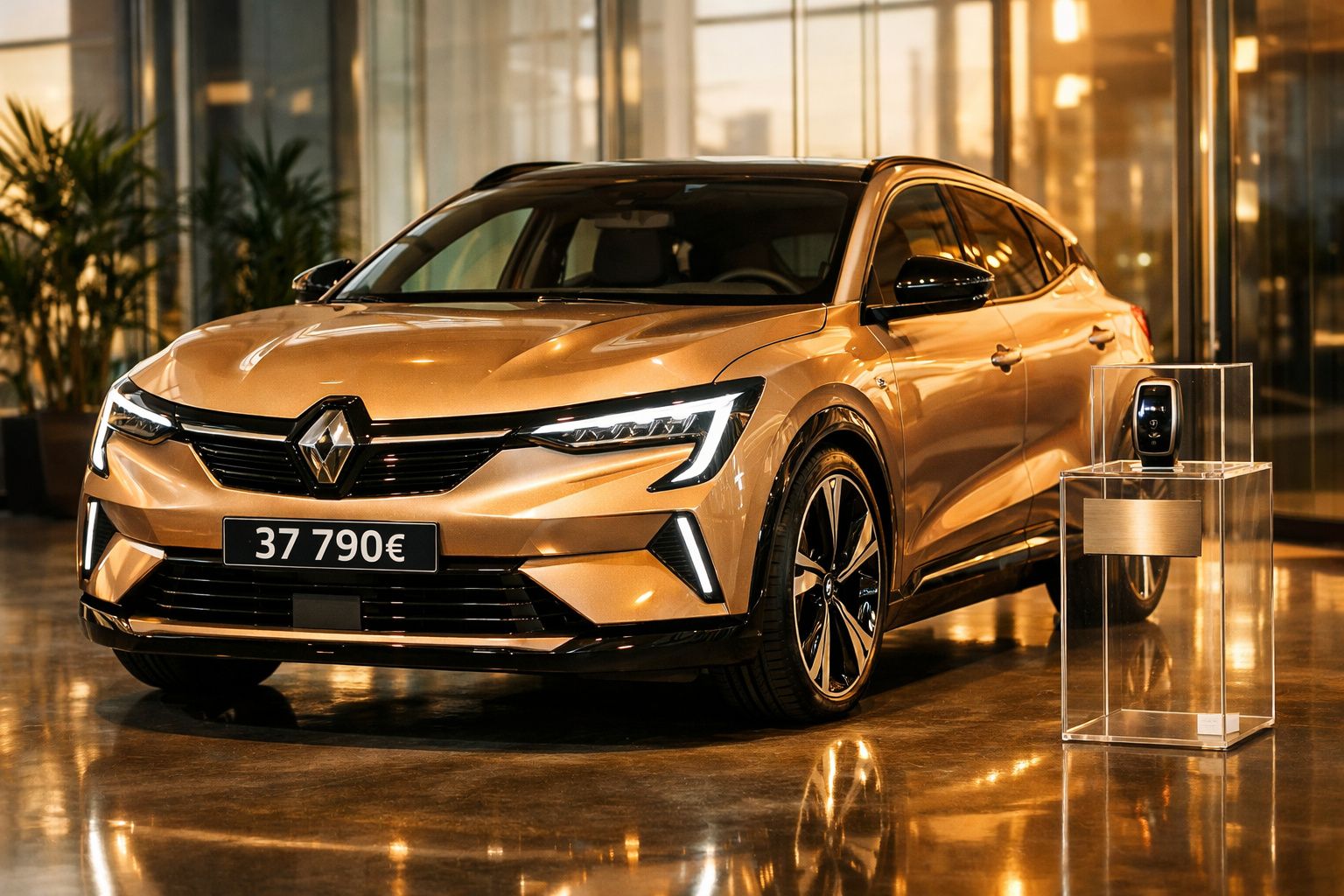 Carro Renault laranja em exposição com preço visível de 37 790€, na frente de itens decorativos e uma carteira.