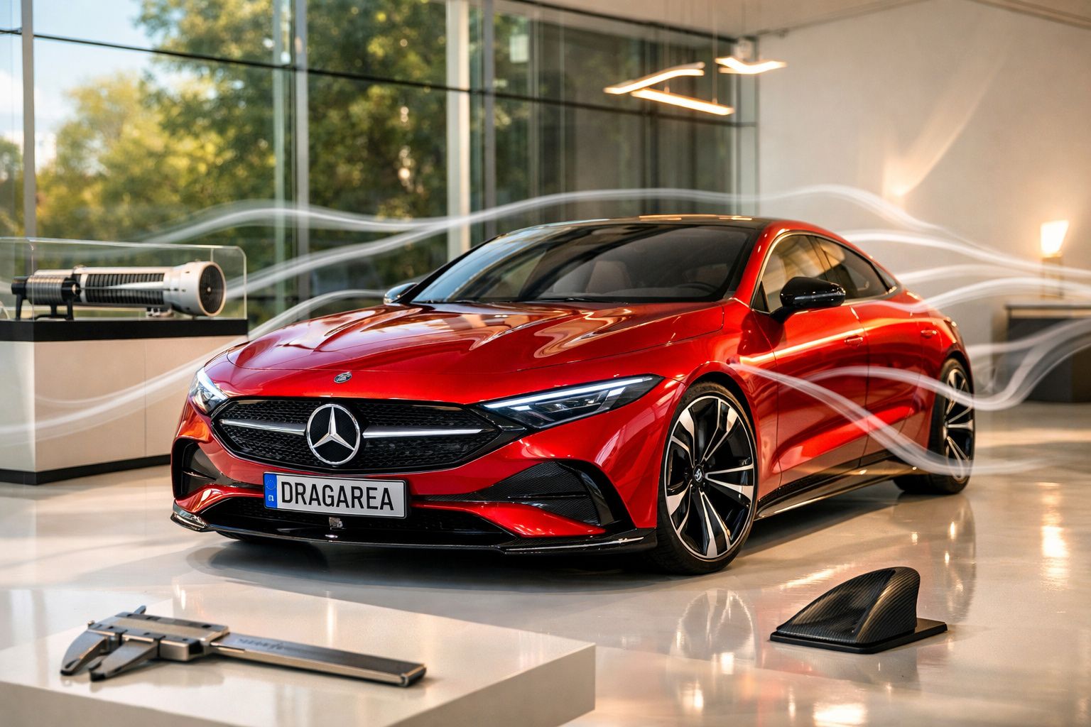 Carro prateado moderno em exibição, num espaço iluminado, com um aparelho a testar a aerodinâmica.